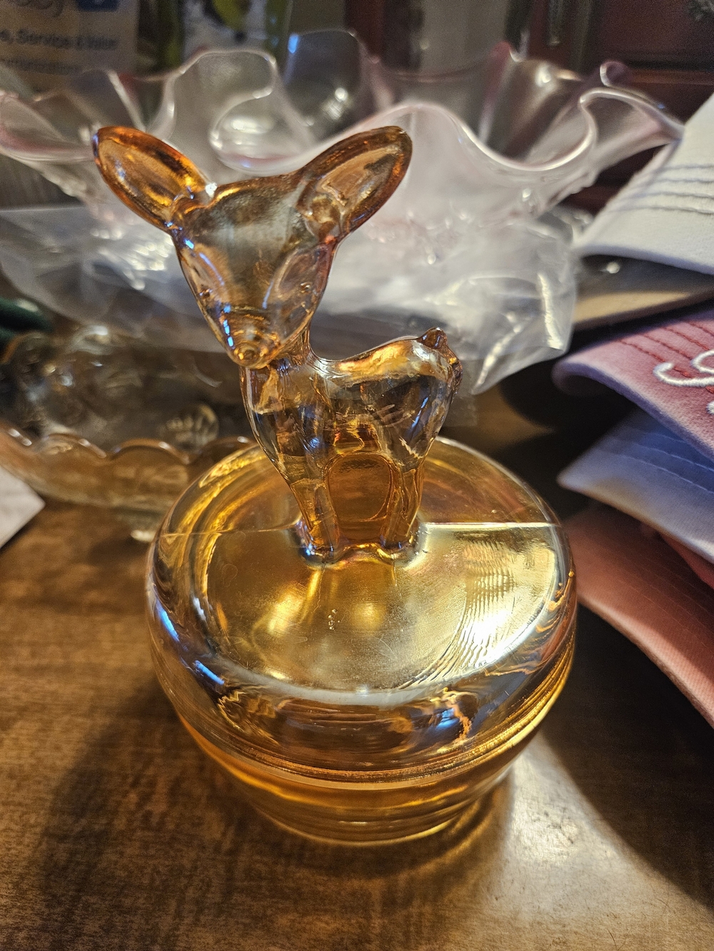 Amber Depression Glass Deer Trinket Jar